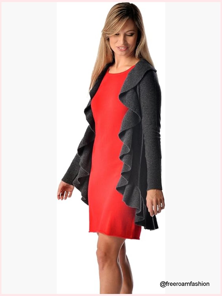 100% Pure Cashmere Ruffled Long Cardigan Sweater Open Front